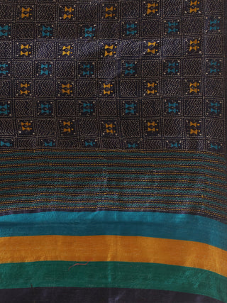 Navy Blue Pure Dupion Silk Stole with Yellow and Teal Kantha Detailing