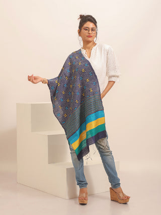 Navy Blue Pure Dupion Silk Stole with Yellow and Teal Kantha Detailing