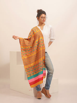 Mustard Yellow Pure Dupion Silk Stole with Multicolour Kantha Motifs
