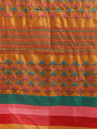 Mustard Yellow Pure Dupion Silk Stole with Multicolour Kantha Motifs