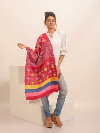 Red Pure Dupion Silk Stole with Gujarati Embroidery
