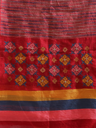 Red Pure Dupion Silk Stole with Gujarati Embroidery