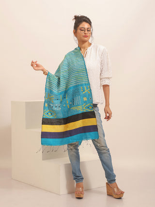 Teal Blue Pure Dupion Silk Stole with Gujarati And Kantha Embroidery