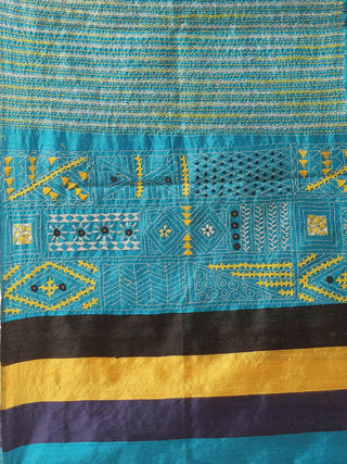 Teal Blue Pure Dupion Silk Stole with Gujarati And Kantha Embroidery