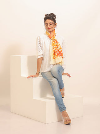 Orange-Yellow Pure Mul Cotton Stole with Floral Batik Motifs
