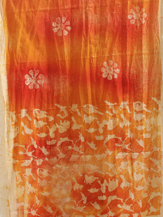 Orange-Yellow Pure Mul Cotton Stole with Floral Batik Motifs