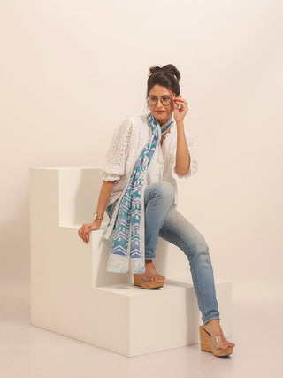 Purple-Teal Pure Mul Cotton Stole with Polka Batik Pattern