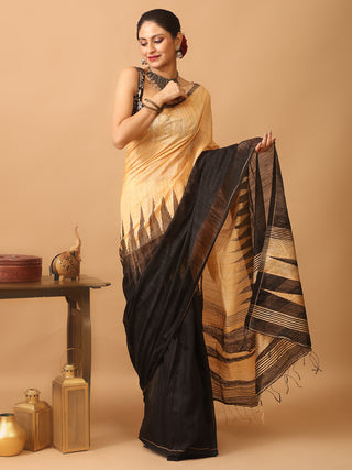 Sandal And Black Half And Half Pure Matka Silk Saree With Temples