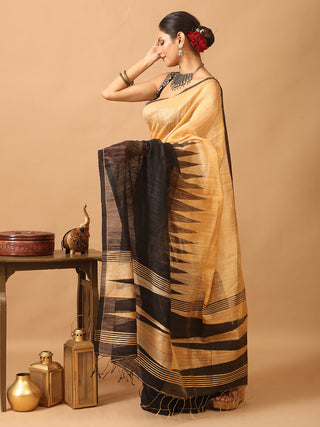 Sandal And Black Half And Half Pure Matka Silk Saree With Temples