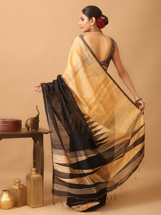Sandal And Black Half And Half Pure Matka Silk Saree With Temples