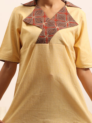 Light Golden Yellow Andhra Cotton Top With Brown Ajrakh Collar