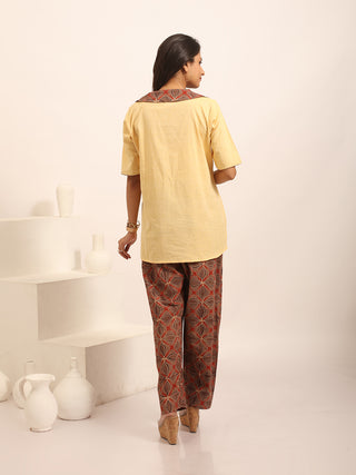 Light Golden Yellow Andhra Cotton Top With Brown Ajrakh Collar
