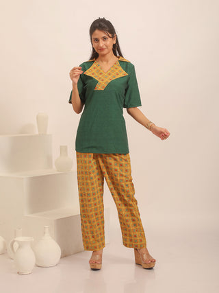 Forest Green Andhra Cotton Top With Mustard Yellow Ajrakh Collar