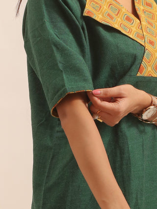 Forest Green Andhra Cotton Top With Mustard Yellow Ajrakh Collar