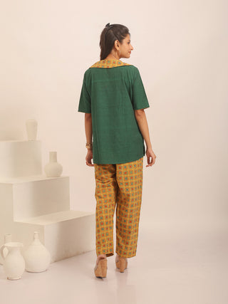Forest Green Andhra Cotton Top With Mustard Yellow Ajrakh Collar