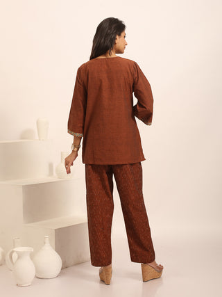 Brown Andhra Handloom Cotton Top with Embroidered Neckline