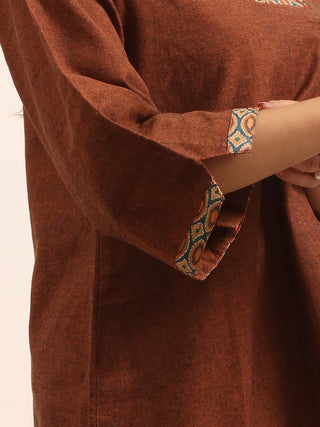 Brown Andhra Handloom Cotton Top with Embroidered Neckline
