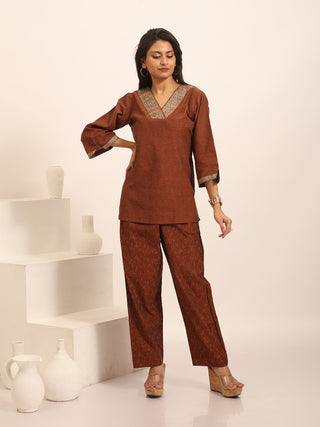 Brown Andhra Handloom Cotton Top with Embroidered Neckline