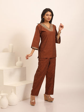 Brown Andhra Handloom Cotton Top with Embroidered Neckline