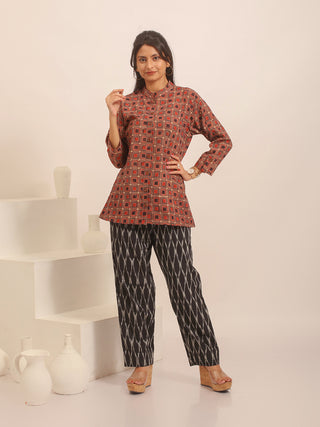 Brown, Brick Red And Black Geometric Printed Pure Cotton Ajrakh Top