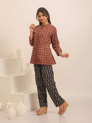 Brown, Brick Red And Black Geometric Printed Pure Cotton Ajrakh Top