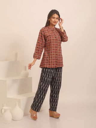 Brown, Brick Red And Black Geometric Printed Pure Cotton Ajrakh Top