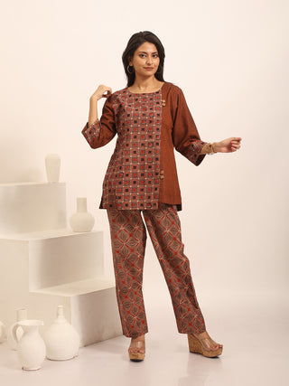 Earthy Toned Ajrakh Cotton And Brown Andhra Cotton Combination Panel Top