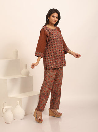 Earthy Toned Ajrakh Cotton And Brown Andhra Cotton Combination Panel Top