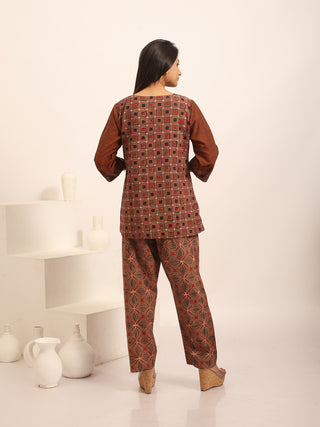 Earthy Toned Ajrakh Cotton And Brown Andhra Cotton Combination Panel Top