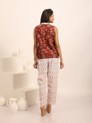 Maroon, Beige And Indigo Blue Floral Printed Pure Cotton Ajrakh Sleeveless Top