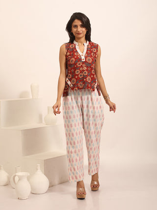 Maroon, Beige And Indigo Blue Floral Printed Pure Cotton Ajrakh Sleeveless Top
