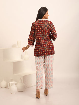 Maroon, Beige And Blue Geometric Printed Pure Cotton Ajrakh Top