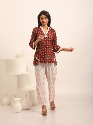 Maroon, Beige And Blue Geometric Printed Pure Cotton Ajrakh Top