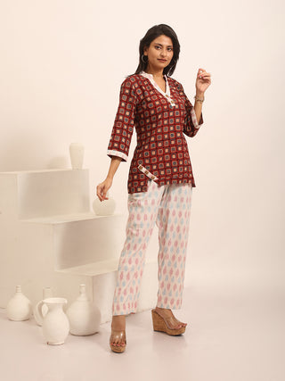 Maroon, Beige And Blue Geometric Printed Pure Cotton Ajrakh Top