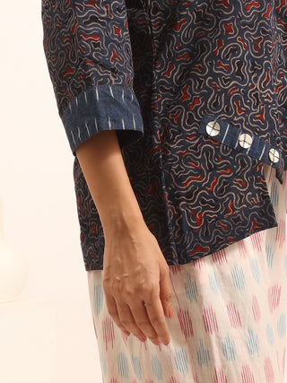 Indigo Blue Pure Cotton Ajrakh Top With Multicolour Abstract Prints