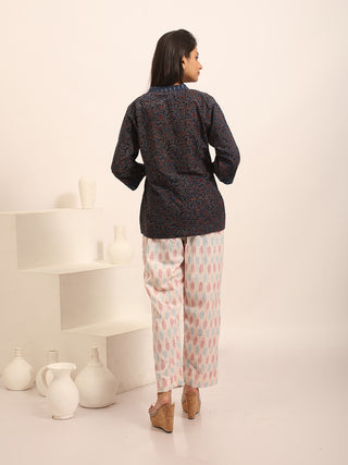Indigo Blue Pure Cotton Ajrakh Top With Multicolour Abstract Prints