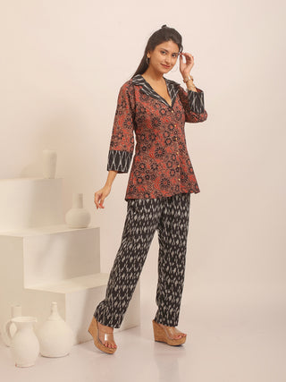 Coffee-Brown, Brick-Red & Black Floral Ajrakh Top with Ikkat Accents