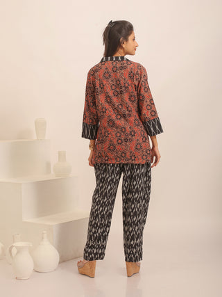 Coffee-Brown, Brick-Red & Black Floral Ajrakh Top with Ikkat Accents