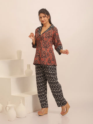 Coffee-Brown, Brick-Red & Black Floral Ajrakh Top with Ikkat Accents
