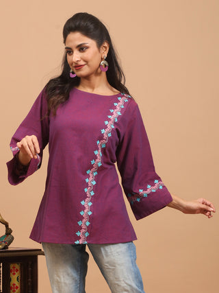 Purple Pure Andhra Cotton Hand-Embroidered Top