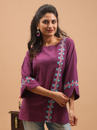 Purple Pure Andhra Cotton Hand-Embroidered Top