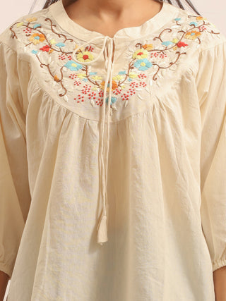 Cream Pure Andhra Cotton Top With Hand-Embroidered Yoke