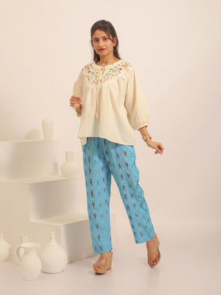 Cream Pure Andhra Cotton Top With Hand-Embroidered Yoke