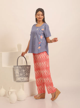 Denim Blue Pure Andhra Cotton Asymmetric Hand-Embroidered Buttoned Top