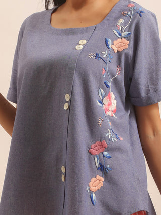 Denim Blue Pure Andhra Cotton Asymmetric Hand-Embroidered Buttoned Top
