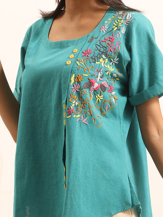 Teal Green Pure Andhra Cotton Asymmetric Hand-Embroidered Buttoned Top