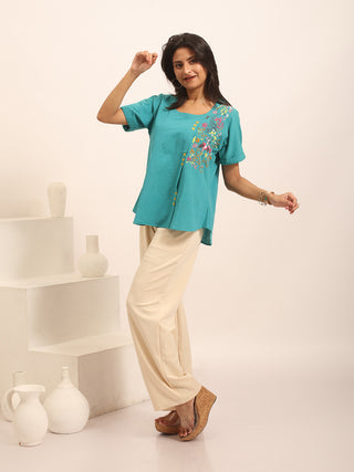 Teal Green Pure Andhra Cotton Asymmetric Hand-Embroidered Buttoned Top