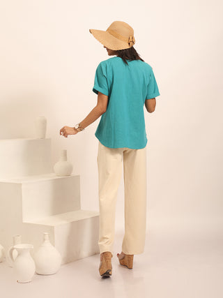 Teal Green Pure Andhra Cotton Asymmetric Hand-Embroidered Buttoned Top