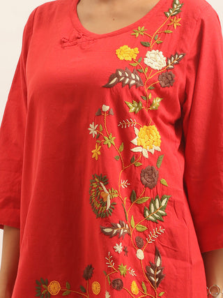 Red Hand-Embroidered Pure Andhra Cotton Top