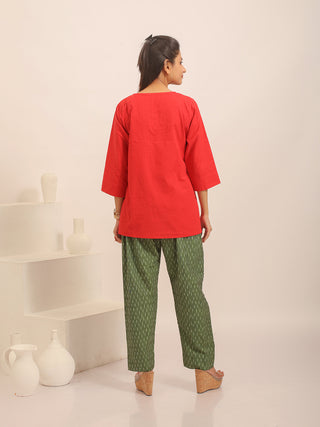 Red Hand-Embroidered Pure Andhra Cotton Top